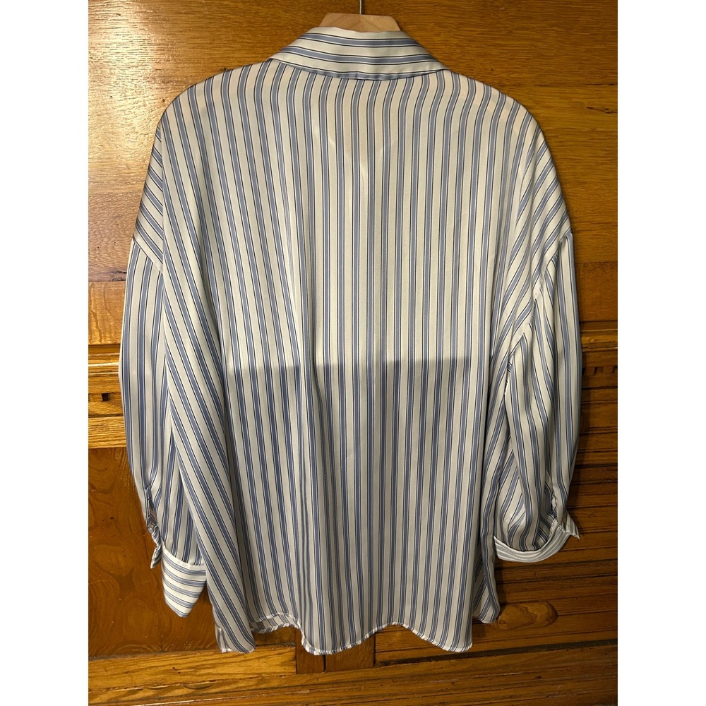 Zara Old Money Nautical Blue White Striped Satin Oversized Button Down Top - Picture 2 of 13